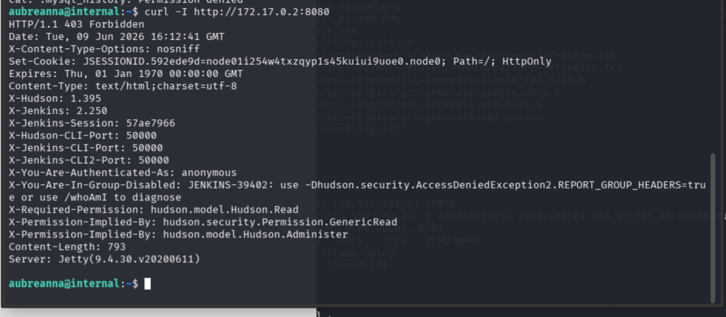 curl -I to Jenkins container at 172.17.0.2:8080 returning HTTP 403 and Jenkins headers